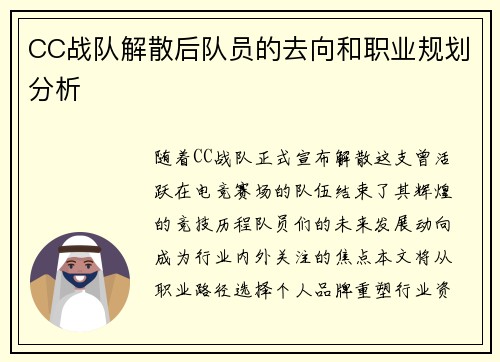 CC战队解散后队员的去向和职业规划分析